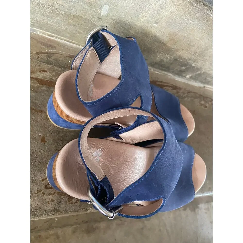 Dansko Minka navy blue nubuck leather ankle strap platform sandal w/ block heel